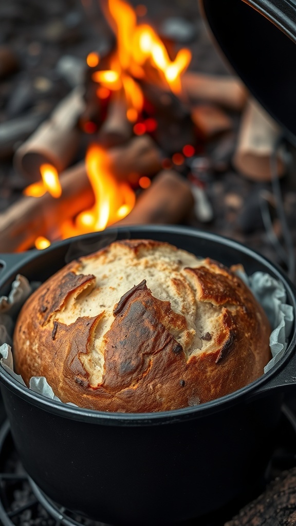 Freshly baked campfire bread in a Dutch oven with a golden crust, set against a campfire backdrop.